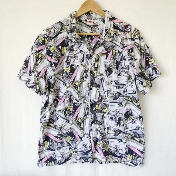 MAMBO Mens Size L Black White Cotton Button Down Short Sleeve Shirt Quirky Beach - Picture 1 of 10